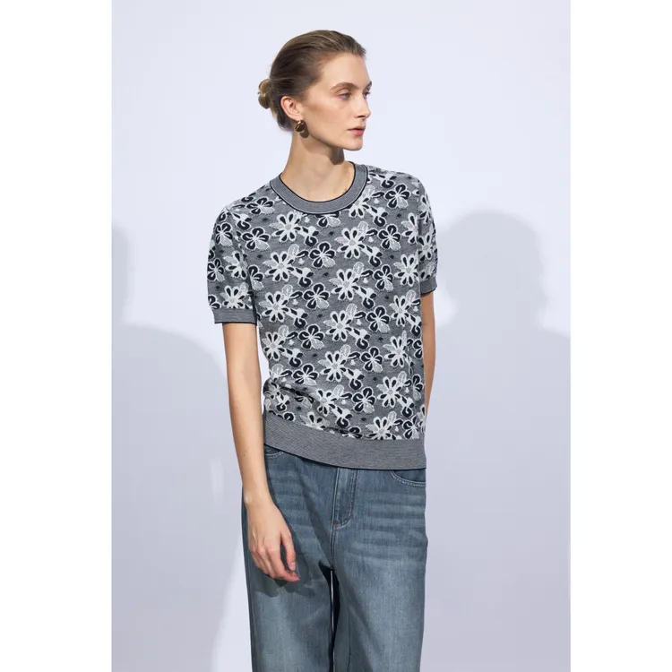 澳洲纱线 镂空碎花刺绣 短袖 针织衫  TX0278