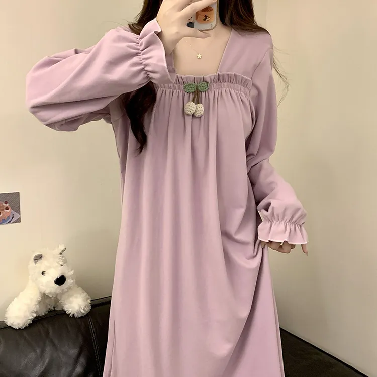 春秋冬季睡裙女款德绒长袖公主风加厚大码胖mm宽松孕妇家居服睡衣