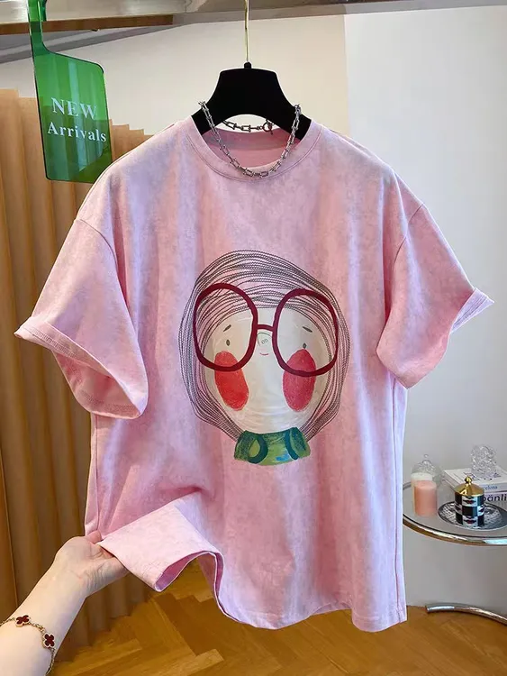纯棉高品质大码夏日穿搭粉色女孩卡通印花新款可爱减龄休闲短袖