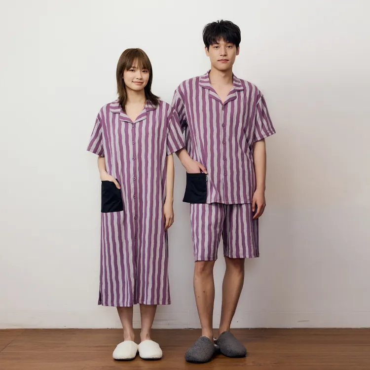 情侣睡衣睡裙女2025年夏季纯棉短袖开衫青少年薄款条纹男士家居服