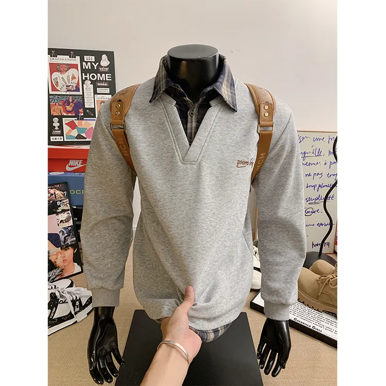 H-75假两件衬衫领卫衣男秋季cleanfit高街长袖上衣重磅高级感外套