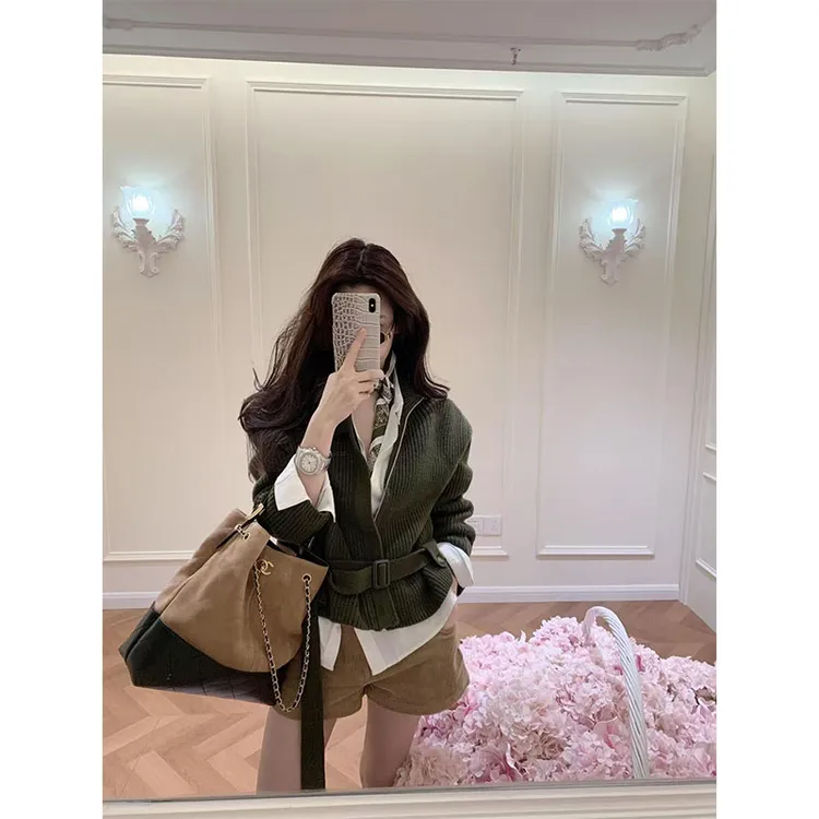 韩系设计套装休闲打底衫御姐范洋气长袖外套上衣高腰修身显瘦短裤