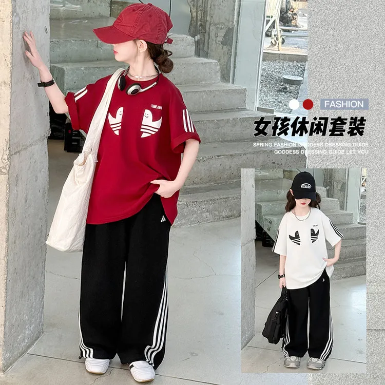 儿童潮酷三条杠短袖T恤套装2025春夏季男女大童女童宽松休闲上衣