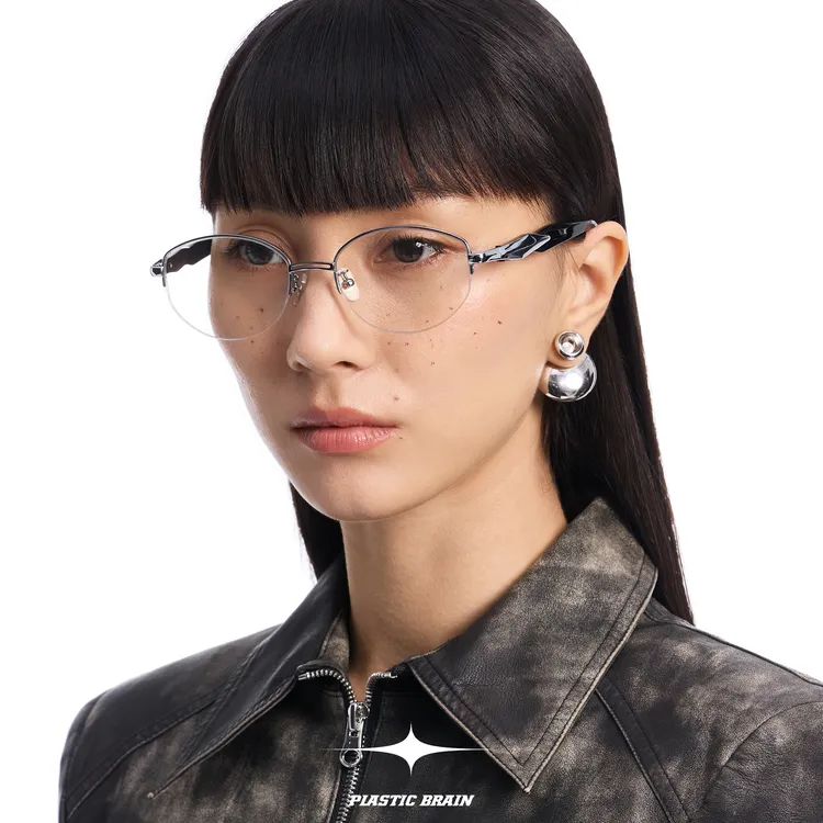 PLASTIC BRAIN复古轻奢老钱风太阳眼镜金属半框椭圆墨镜女款高级