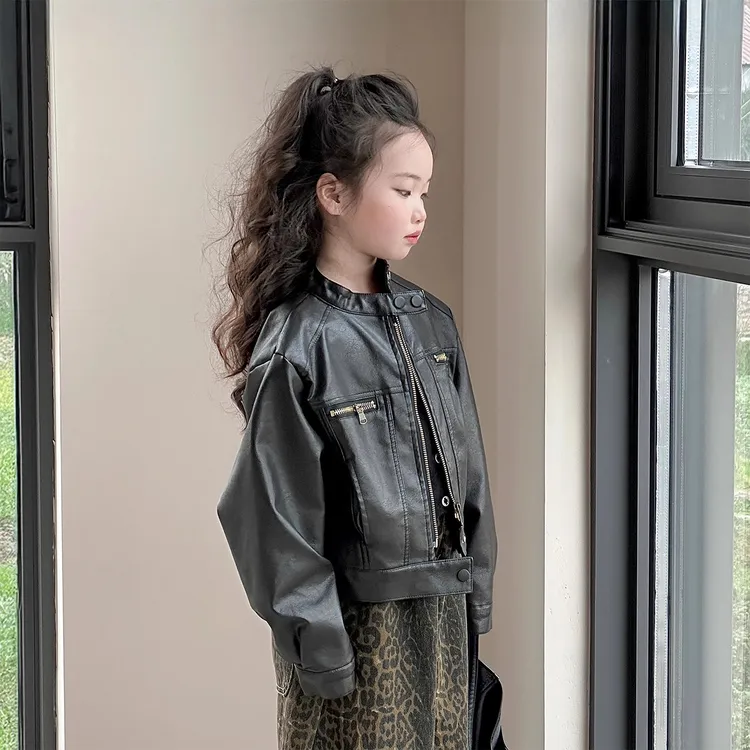 韩范痞帅小女孩套装2025新款女童秋季潮酷黑色皮衣儿童时髦豹纹裤