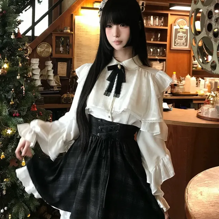 元元子专属日系清楚系蕾丝花边优雅长袖衬衫女高腰格纹半裙套装