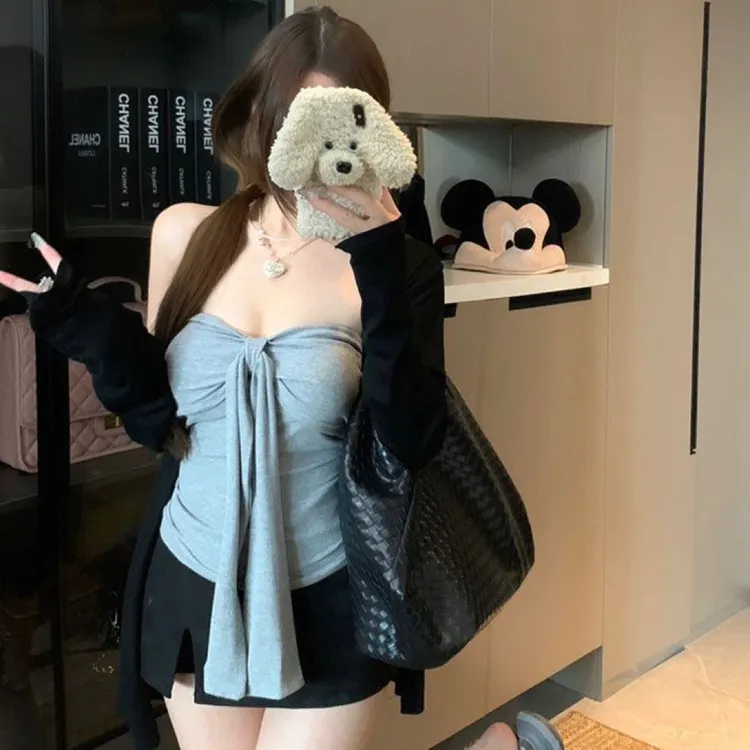 辣妹灰色抹胸无袖背心上衣2025新款蝴蝶结小吊带显瘦长袖两件套女