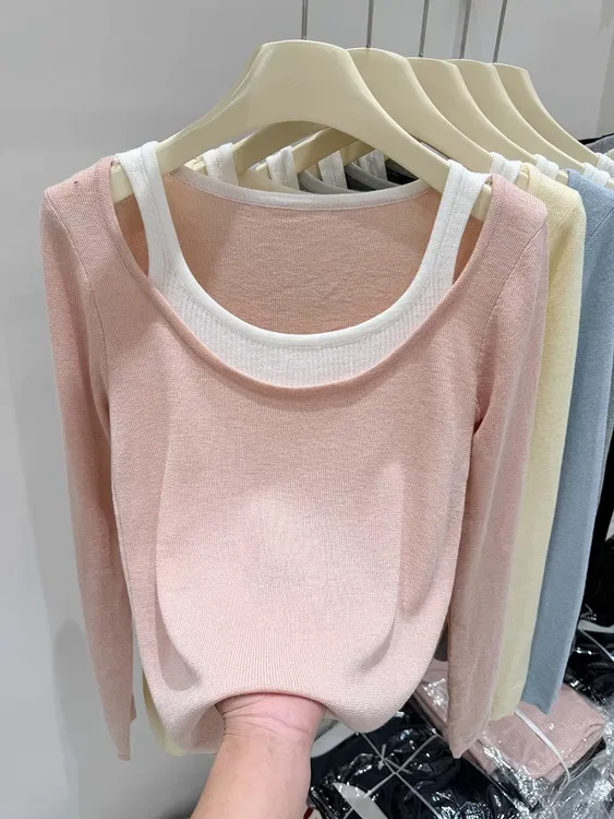 2026春秋新款假两件撞色针织衫百搭韩系设计感小众软糯毛衣I2-10