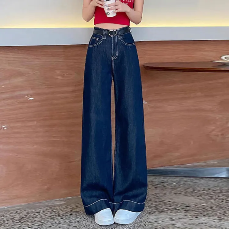 牛仔裤女丹宁蓝设计皮牌高腰宽松休闲遮肉垂感阔腿拖地直筒长裤子