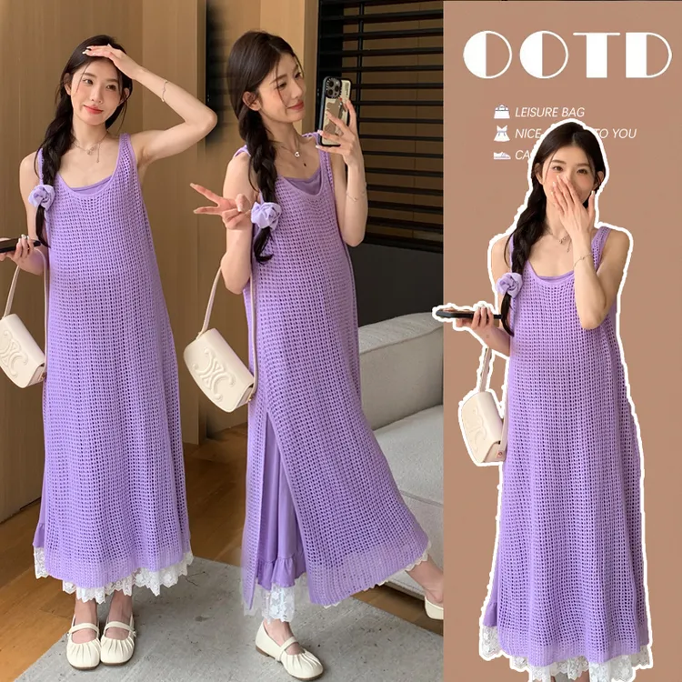 孕妇装2025夏新款洋气简约法式外穿镂空吊带俩件套宽松孕妇连衣裙