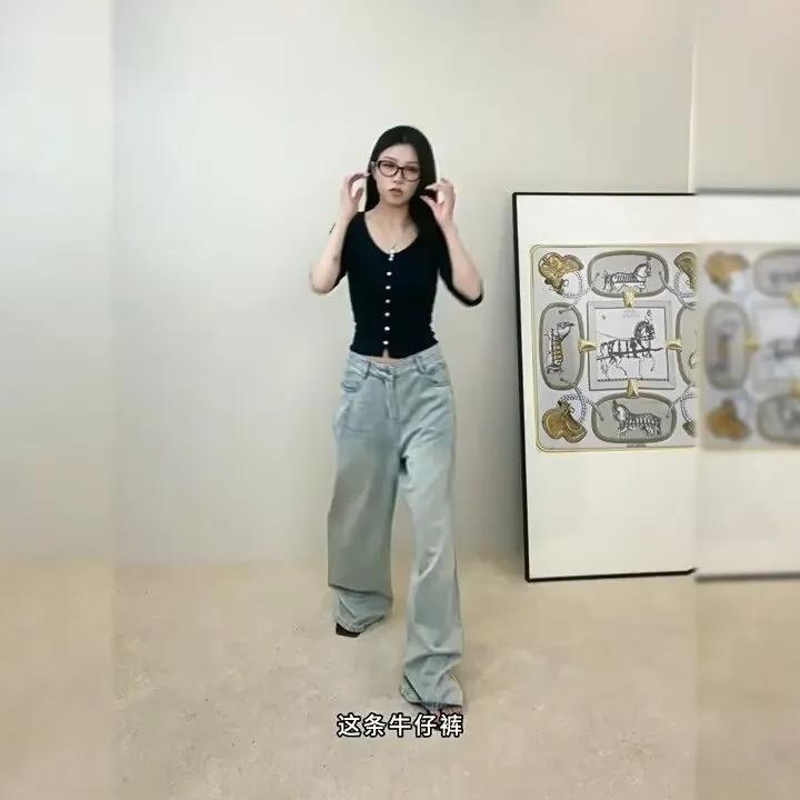 白色刺绣阔腿喇叭牛仔裤女士2025秋季新款宽松弹力不贴腿拖地裤子