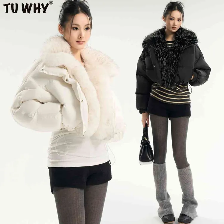 Tuwhy“初雪时分”可拆卸大毛领短款90白鸭绒羽绒服高蓬松度