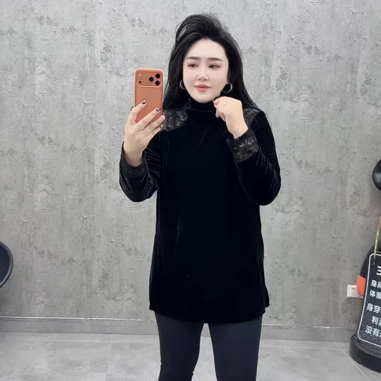 欧货蕾丝拼接高领长袖衫T恤