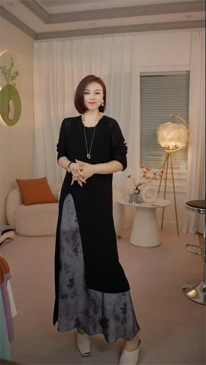 长袖升级款【丁夫人】气质轻奢女装显瘦镂空百搭中长款针织连衣裙