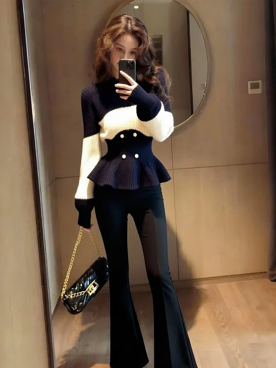 【当日发货】韩系氛围感穿搭高级感巨好看洋气减龄小众拼色针织衫女