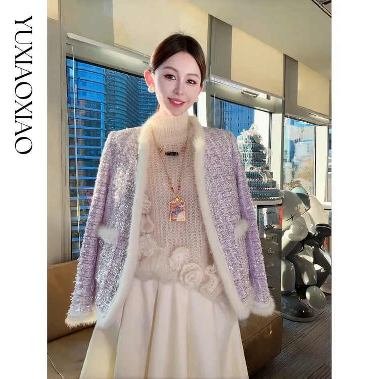 余潇潇【香榭缪斯】精致纽扣粗花呢毛条拼接圆领90羽绒小香风外套