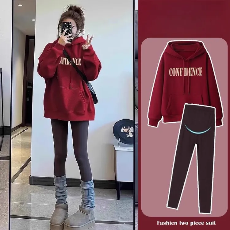 米兰风mdcw孕妇装秋套装新款时尚显瘦鲨鱼裤穿搭加绒秋冬连帽卫衣