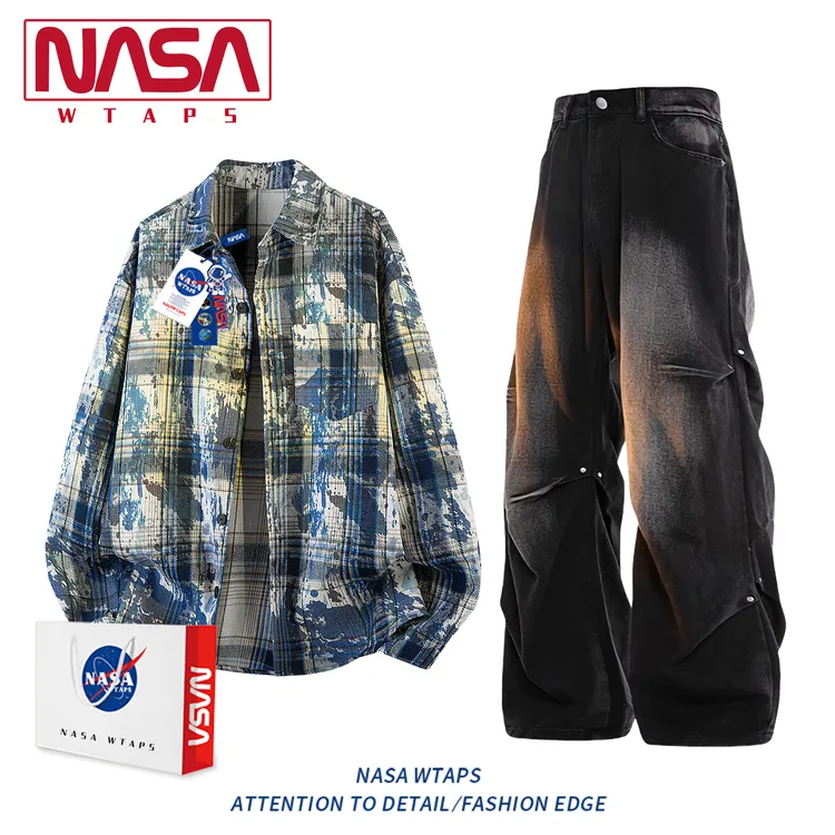 NASA WTAPS绿色扎染格子衬衫套装男款秋季高级感休闲衬衣两件套潮