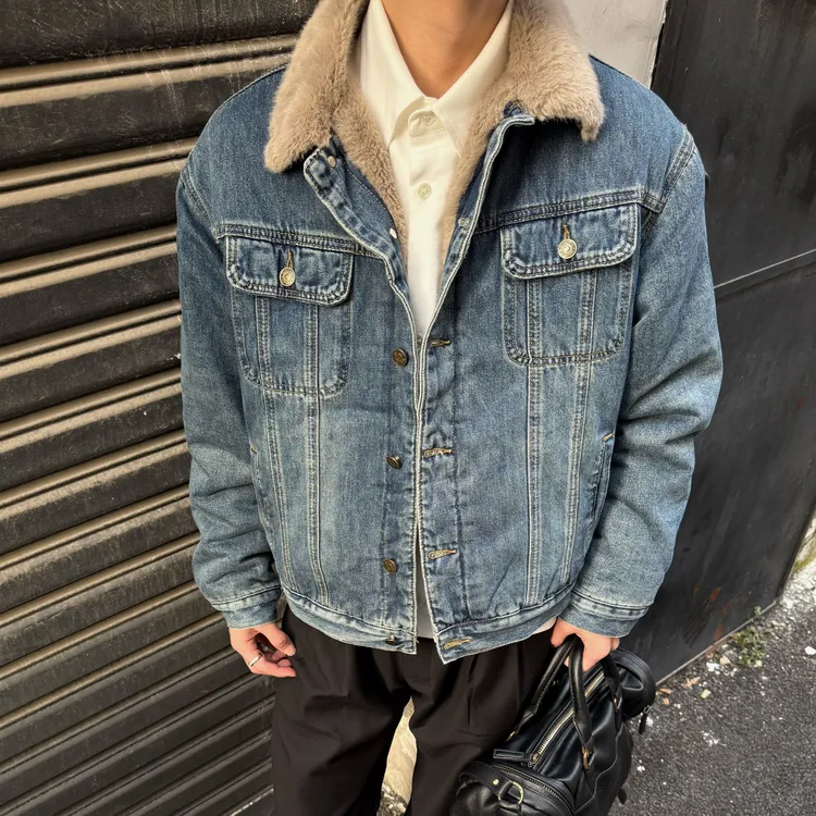 DripBro  美式复古百搭情侣加绒加厚秋冬水洗拼接男女牛仔外套