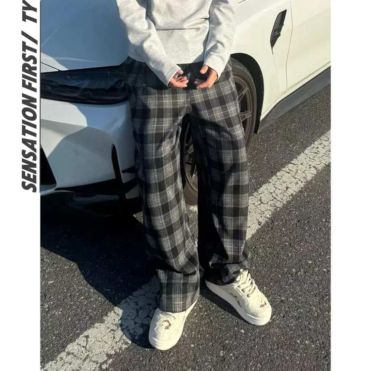 田野L  秋冬季慵懒感宽松直通格纹长裤休闲裤