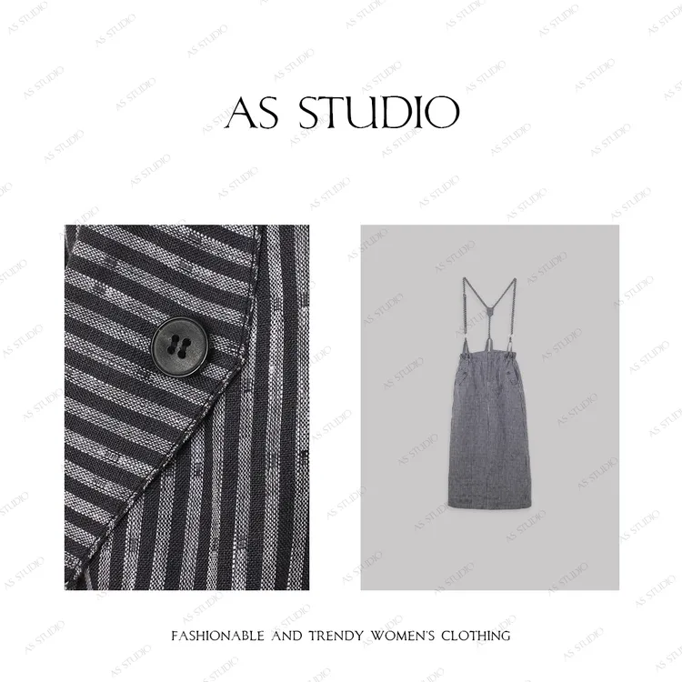 【AS小海归】25新原创雅痞百搭亚麻条纹背带直筒裙AS25CBD4135