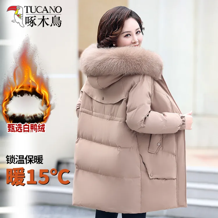 啄木鸟羽绒服女中老年妈妈装冬季毛领白鸭绒中长款大码加厚外套