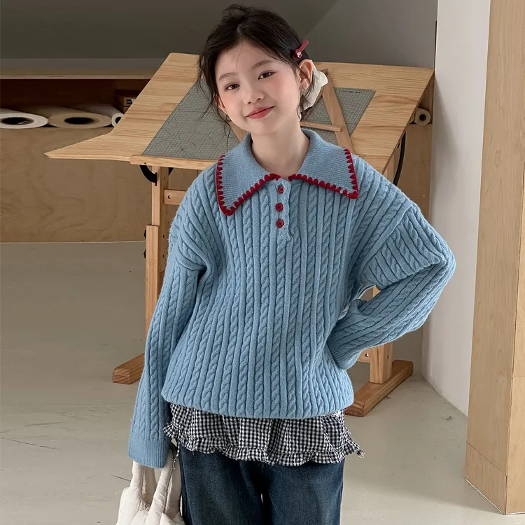 女童撞色翻领毛衣秋冬2025新款儿童韩系洋气软糯宽松针织衫上衣潮