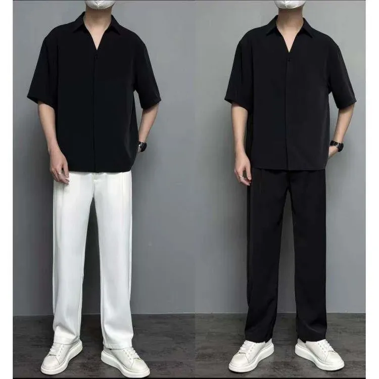 潮男前线韩版休闲V领设计冰感短袖衬衫 弯刀休闲裤套装垂感丝滑