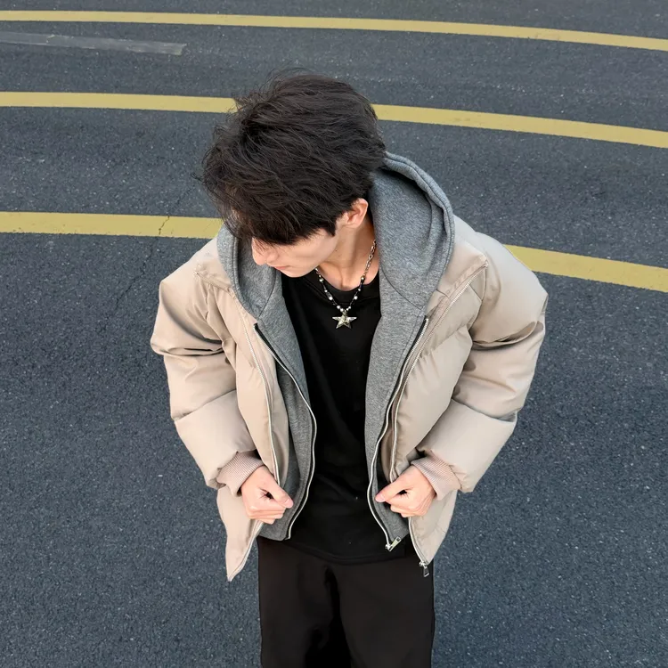 灰色短款假两件卫衣棉服男女冬季高级感痞帅加厚连帽pu皮衣外套