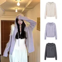 Moses Queen/魔西女王软糯绒感连帽双拉链针织外套女秋冬开衫上衣