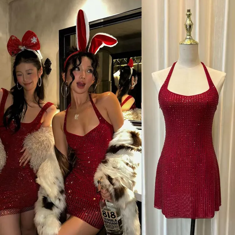 圣诞年会晚会战袍红色裸色闪亮性感漏背挂脖短款礼服辣妹连衣裙女
