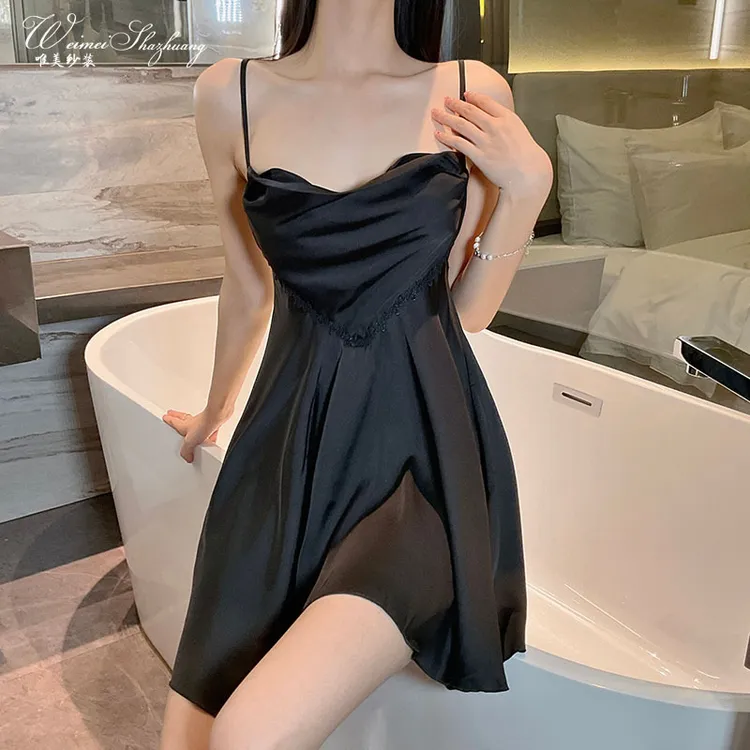 唯美纱性感女夏季冰丝法式荡领吊带睡裙高级感睡衣性感纯欲风