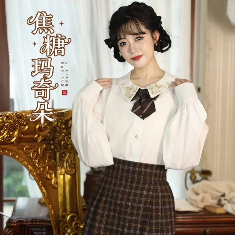 听月小筑【焦糖玛奇朵】原创女春秋毛衣衬衣格子裙国风新中式汉服