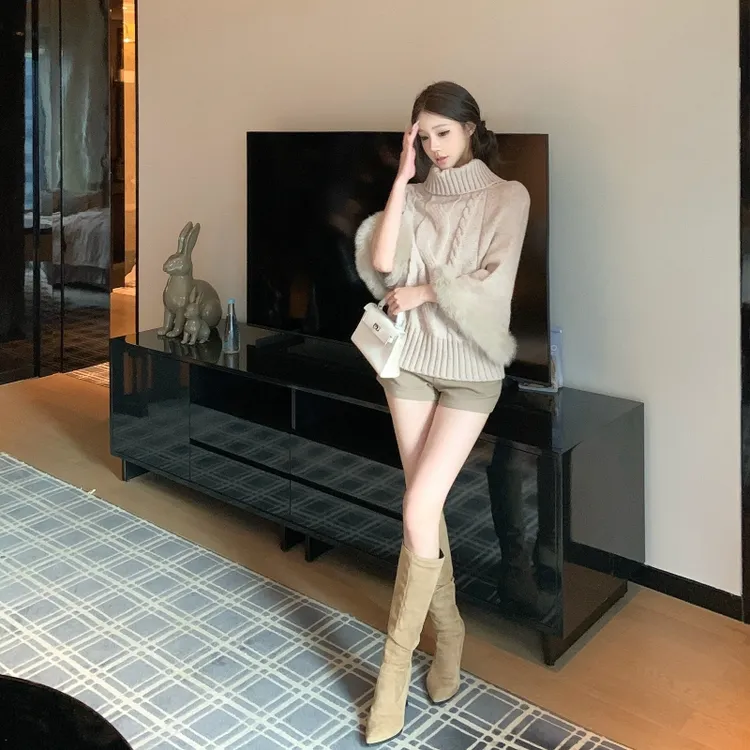爆款京洛佳人高领袖口带毛麻花针织羊毛混纺女士网红时尚上衣毛衣
