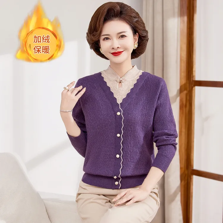 中老年妈妈秋冬半高领针织衫妈妈装新款假两件洋气套头毛衣外穿