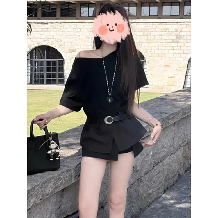 大码韩版一字领露肩T恤女夏季短袖上衣99572#