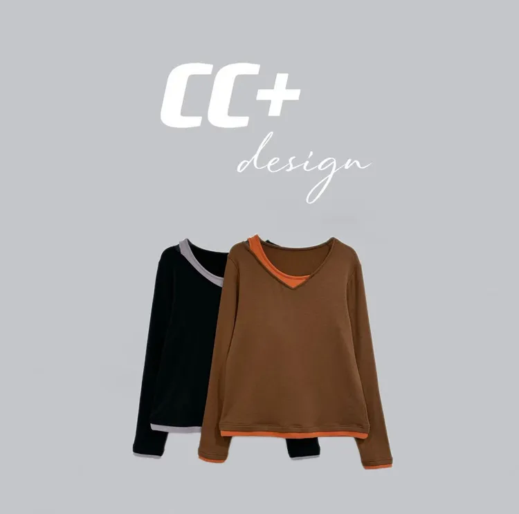 微胖撞色假两件正肩圆领显瘦打底衫6097#