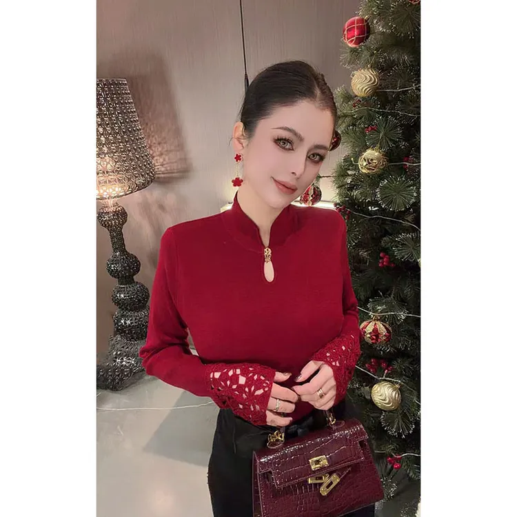 立领拼接镂空蕾丝袖针织打底衫CS31555