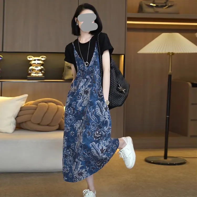 时尚复古假两件显瘦短袖连衣裙2026夏季新款气质宽松百搭A字裙子