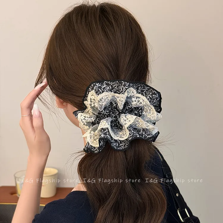 I&G法式蕾丝花边大肠发圈女2025新款丸子头发绳韩系高级感发饰