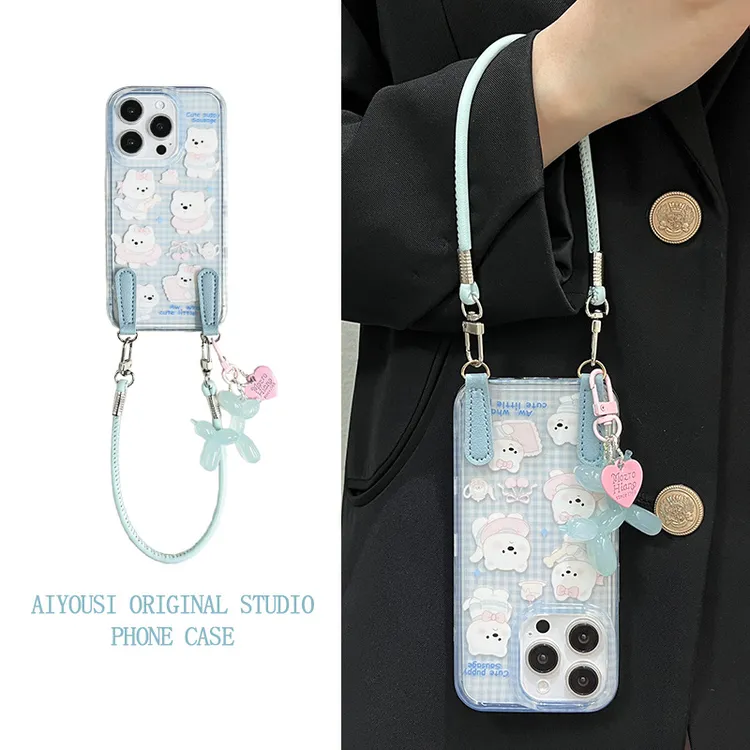 【三月】可爱蓝格纹小狗适用苹果13pro手机壳i15promax新款Phone16