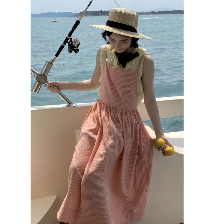 秋屿moment 自制 法式百搭条纹中长款背带围裙