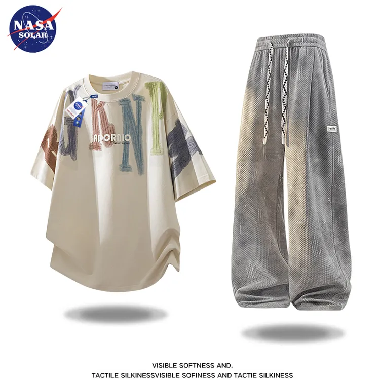 NASA SOLAR大码透气印花T恤套装男夏季新款潮流冰丝凉感一整套