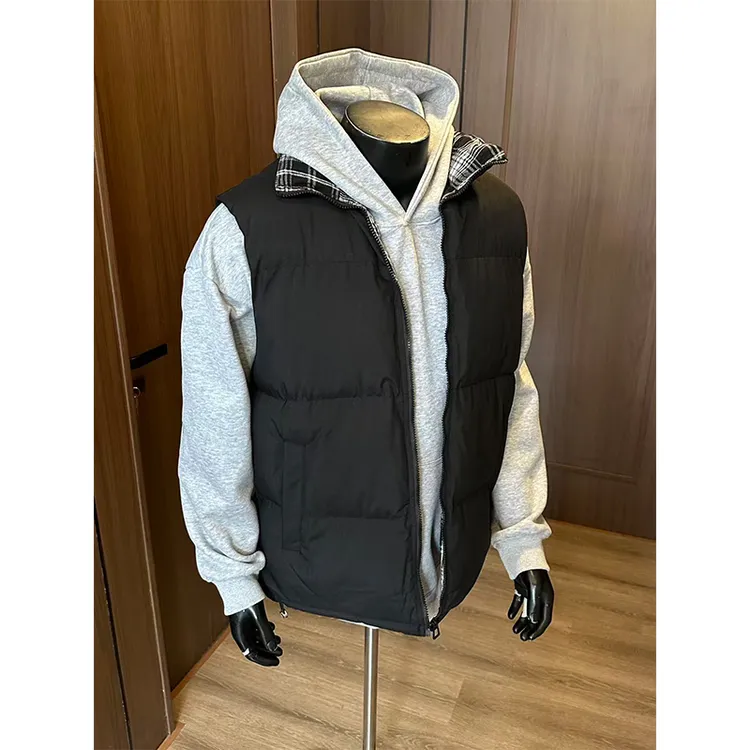 美式复古格子棉服马甲男款冬季加厚保暖坎肩无袖背心立领棉衣外套
