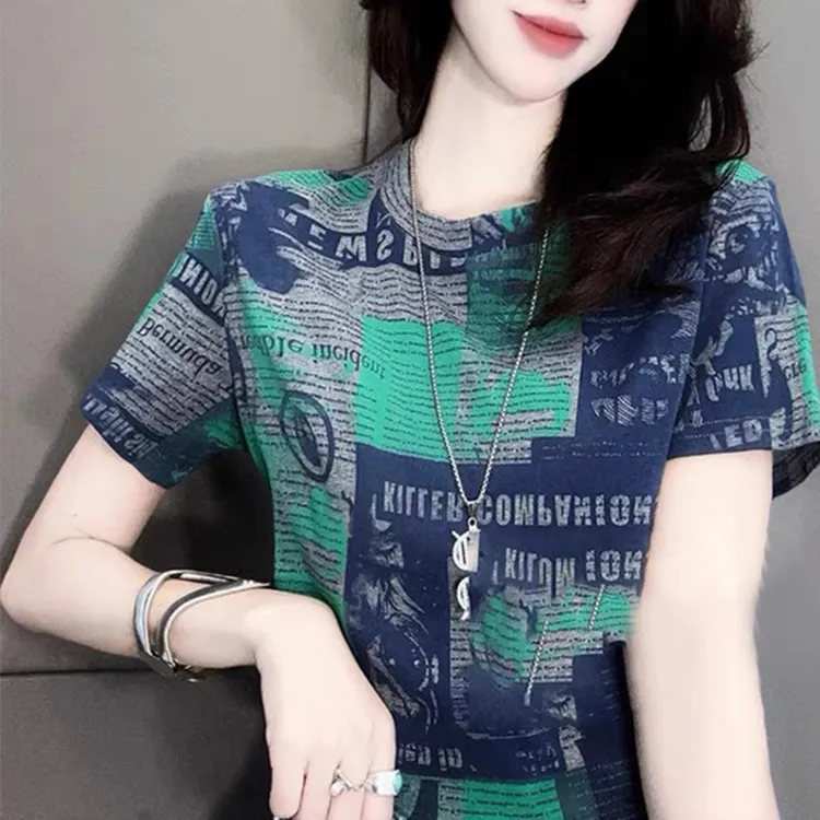 2025新款短袖 欧货满印图纸灰绿色印花短袖T恤女修身显瘦上衣1629