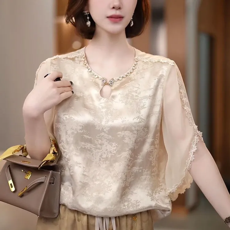 杏色圆领五分袖T恤2025夏季新款新中式轻奢提花独特漂亮大码上衣