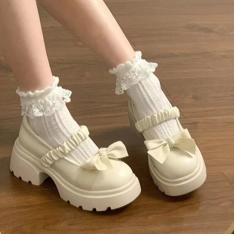 厚底玛丽珍小皮鞋女粗跟春夏季法式jk松糕粗跟蝴蝶结Lolita单鞋子
