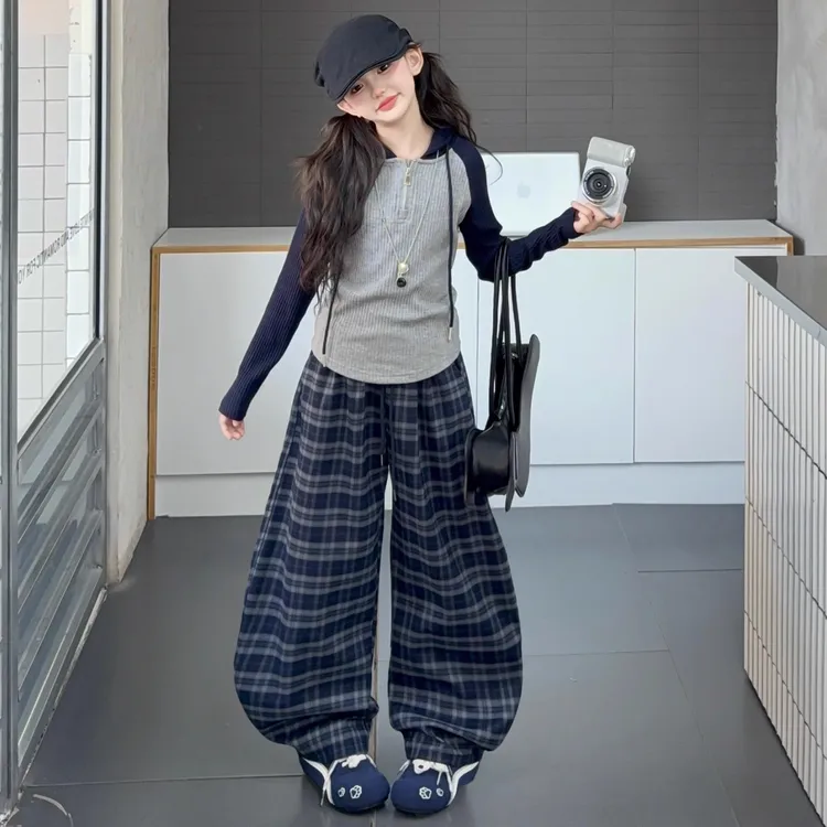 女童秋装休闲套装2025新款洋气拼色针织帽衫女孩格子裤儿童两件套