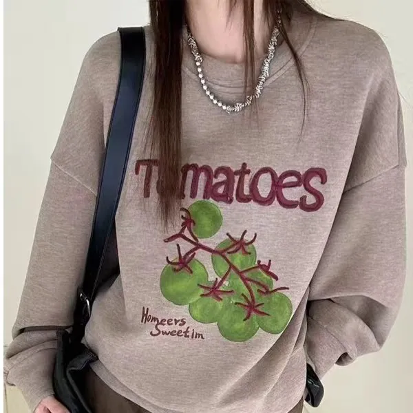 重工小番茄印花刺绣卫衣女2025新款时尚百搭圆领宽松欧货休闲上衣