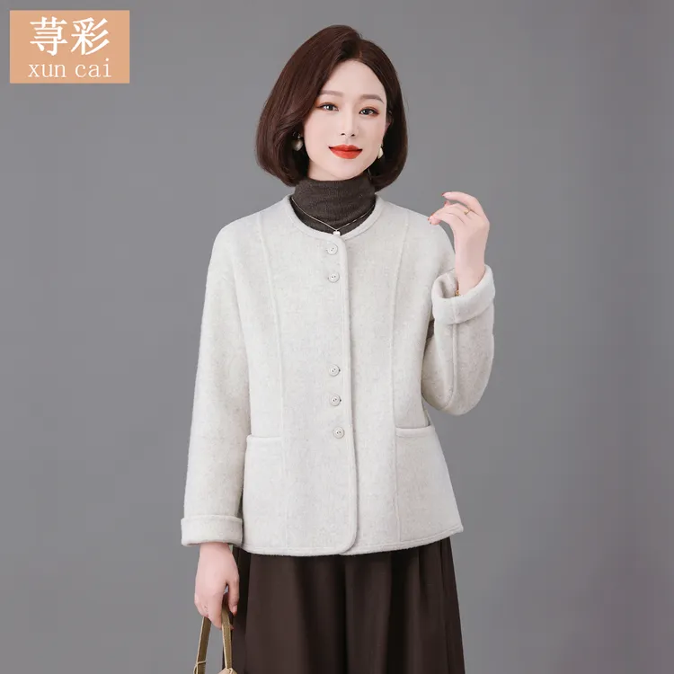 100%纯羊毛双面穿外套洋气短款呢子上衣妈妈秋冬毛呢双面羊毛大衣